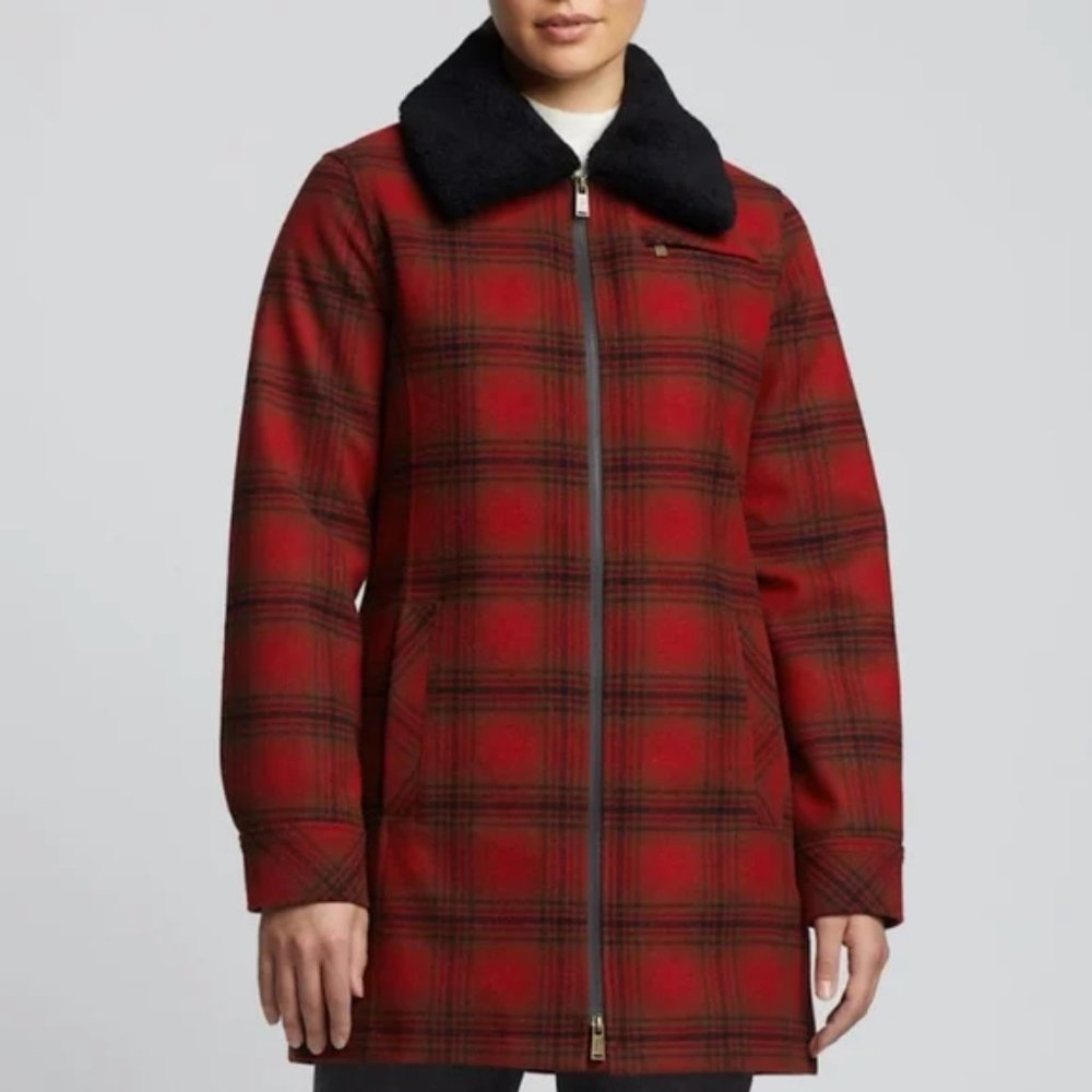 Pendleton Women's Lafayette Wool Blend Shearling Collar Coat, Red Plaid, XS